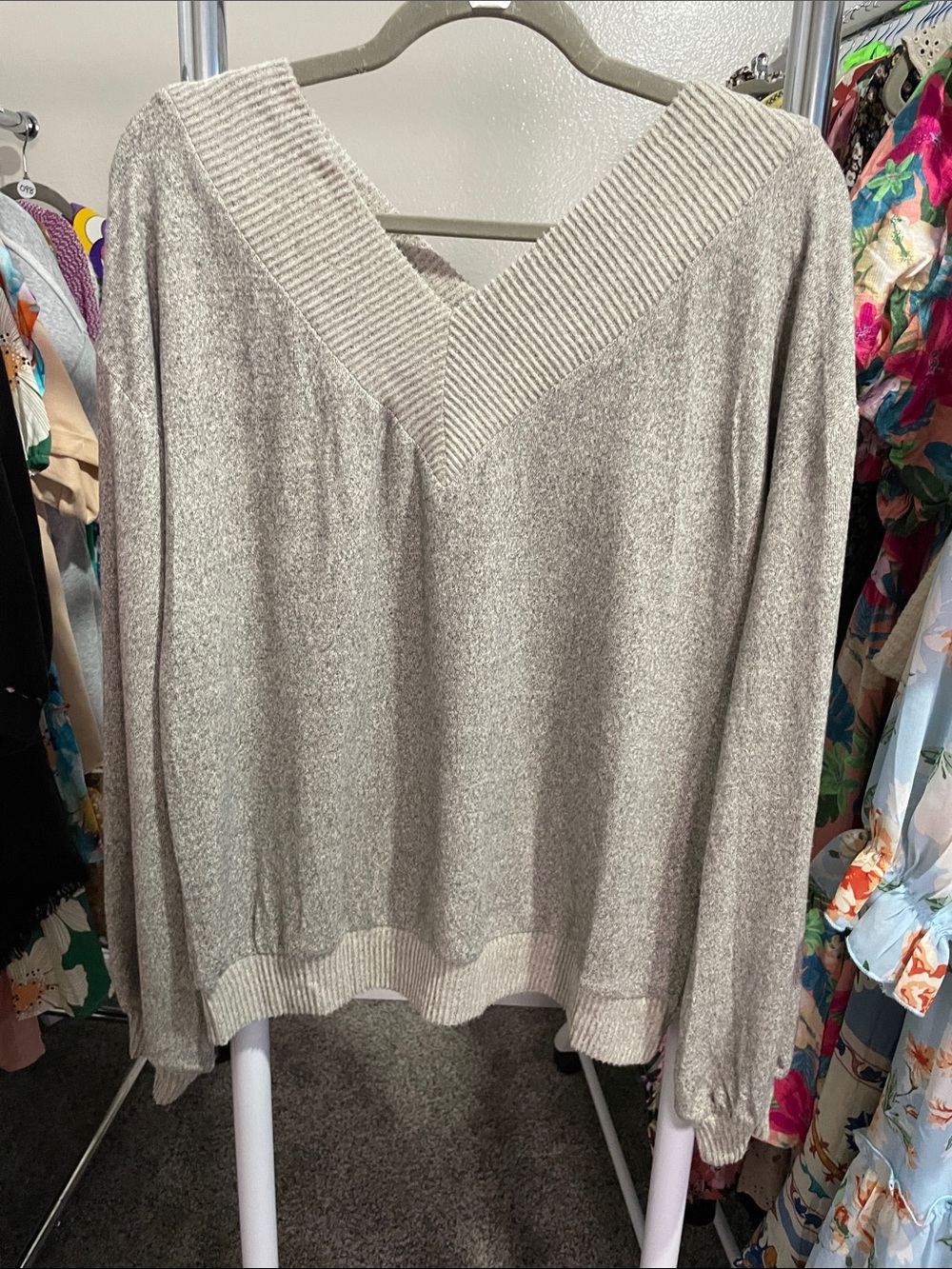 V-Neck Cozy Hacci Knit Sweater in Oatmeal